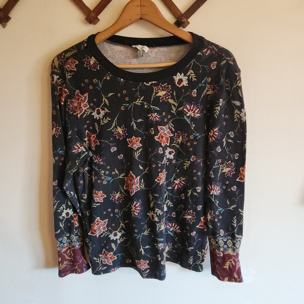 Sundance Long Sleeve Shirt Waffle Knit Thermal Black Floral Red XL